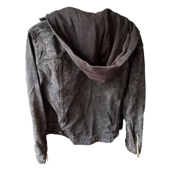 forever 21 men unisex black denim jean jacket distressed fabric hood oversized - Picture 5 of 5